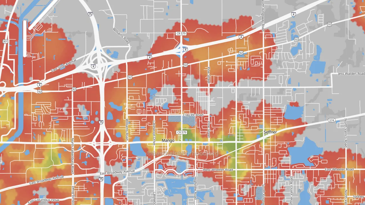 Walk Grade map of Mango, FL, walkable areas in green and car-dependent areas in red