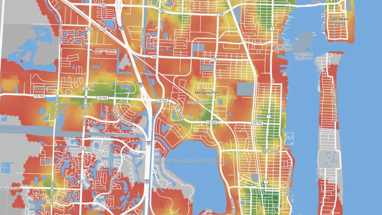 Walk Grade map of Mangonia Park, FL, walkable areas in green and car-dependent areas in red
