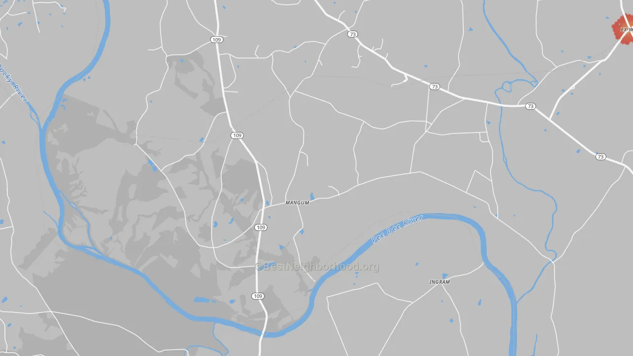Walk Grade map of Mangum, NC, walkable areas in green and car-dependent areas in red