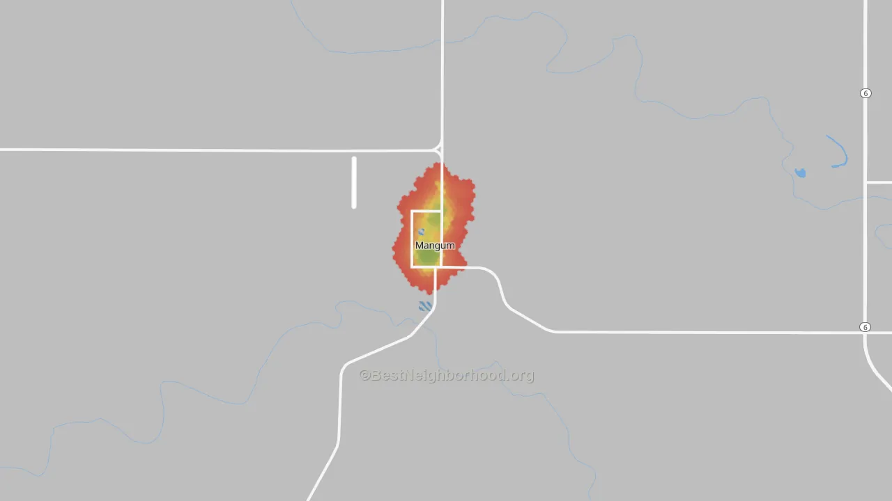 Walk Grade map of Mangum, OK, walkable areas in green and car-dependent areas in red