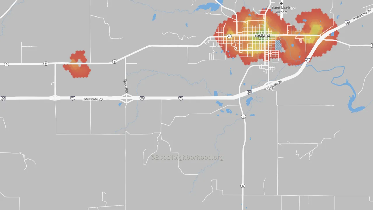 Walk Grade map of Mangum, TX, walkable areas in green and car-dependent areas in red