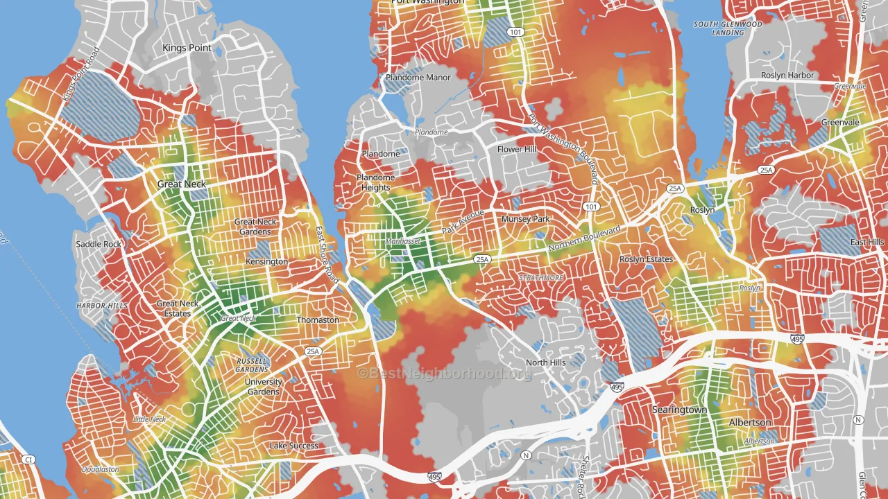 Walk Grade map of Manhasset, NY, walkable areas in green and car-dependent areas in red