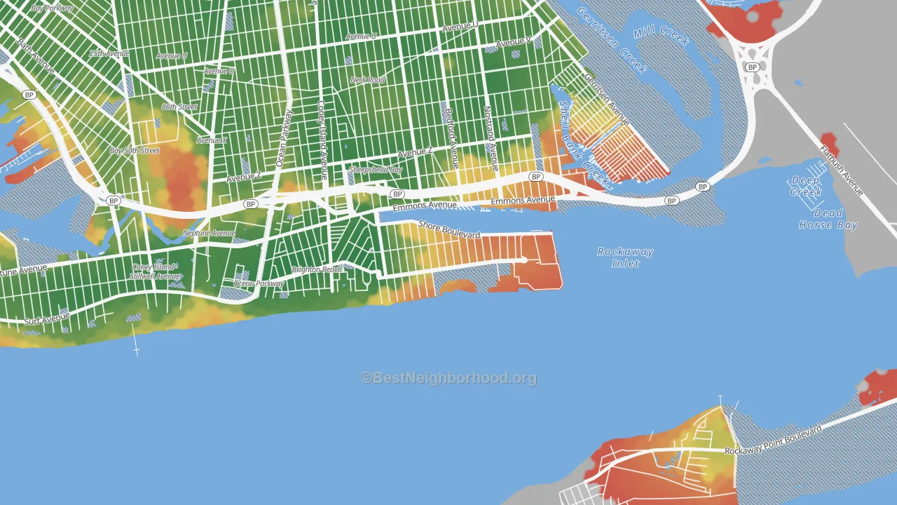 Walk Grade map of Manhattan Beach, Brooklyn, NY, walkable areas in green and car-dependent areas in red