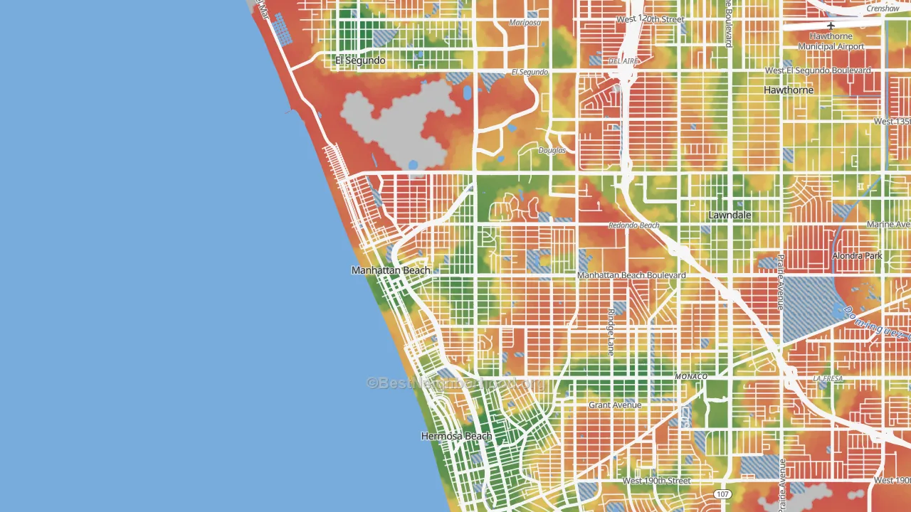 Walk Grade map of Manhattan Beach, CA, walkable areas in green and car-dependent areas in red