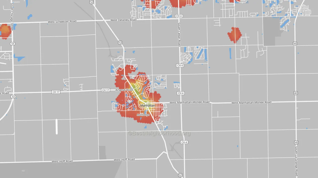 Walk Grade map of Manhattan, IL, walkable areas in green and car-dependent areas in red