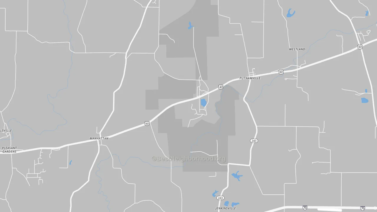 Walk Grade map of Manhattan, IN, walkable areas in green and car-dependent areas in red