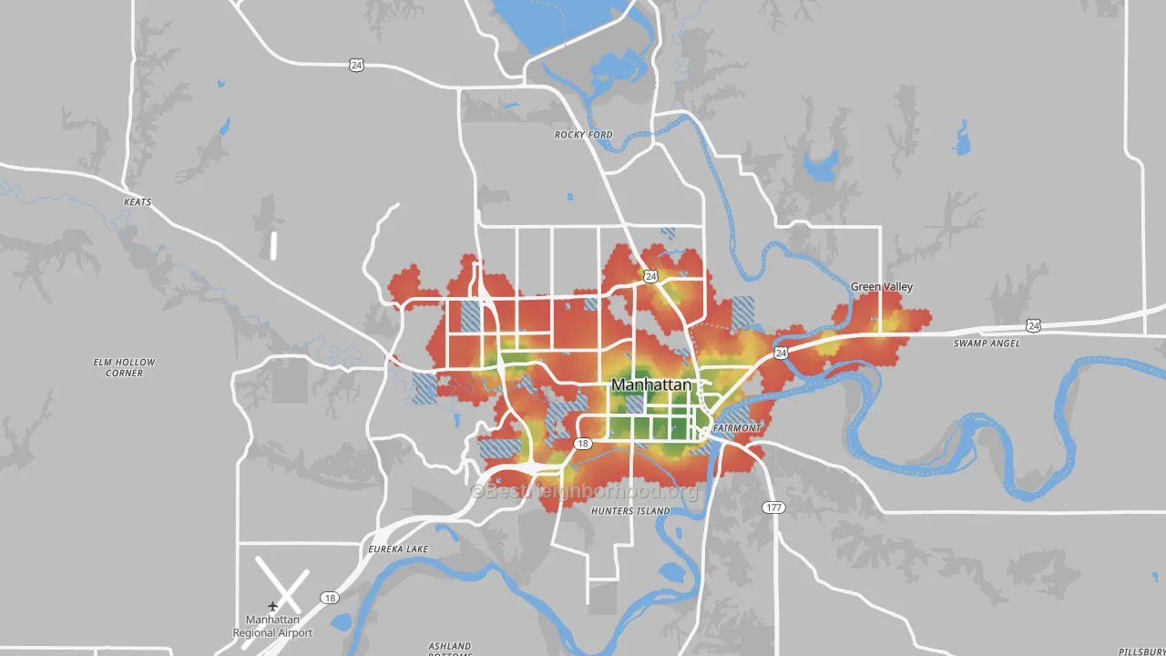 Walk Grade map of Manhattan, KS, walkable areas in green and car-dependent areas in red