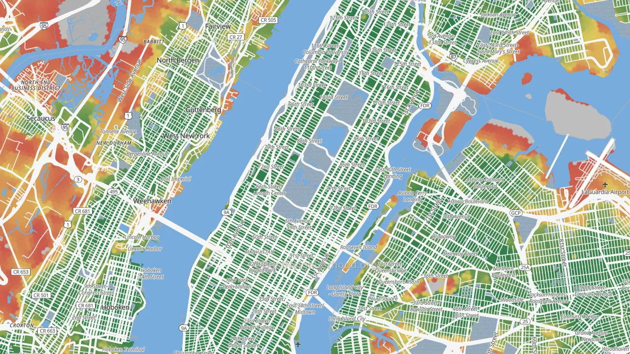 Walk Grade map of Manhattan, NY, walkable areas in green and car-dependent areas in red