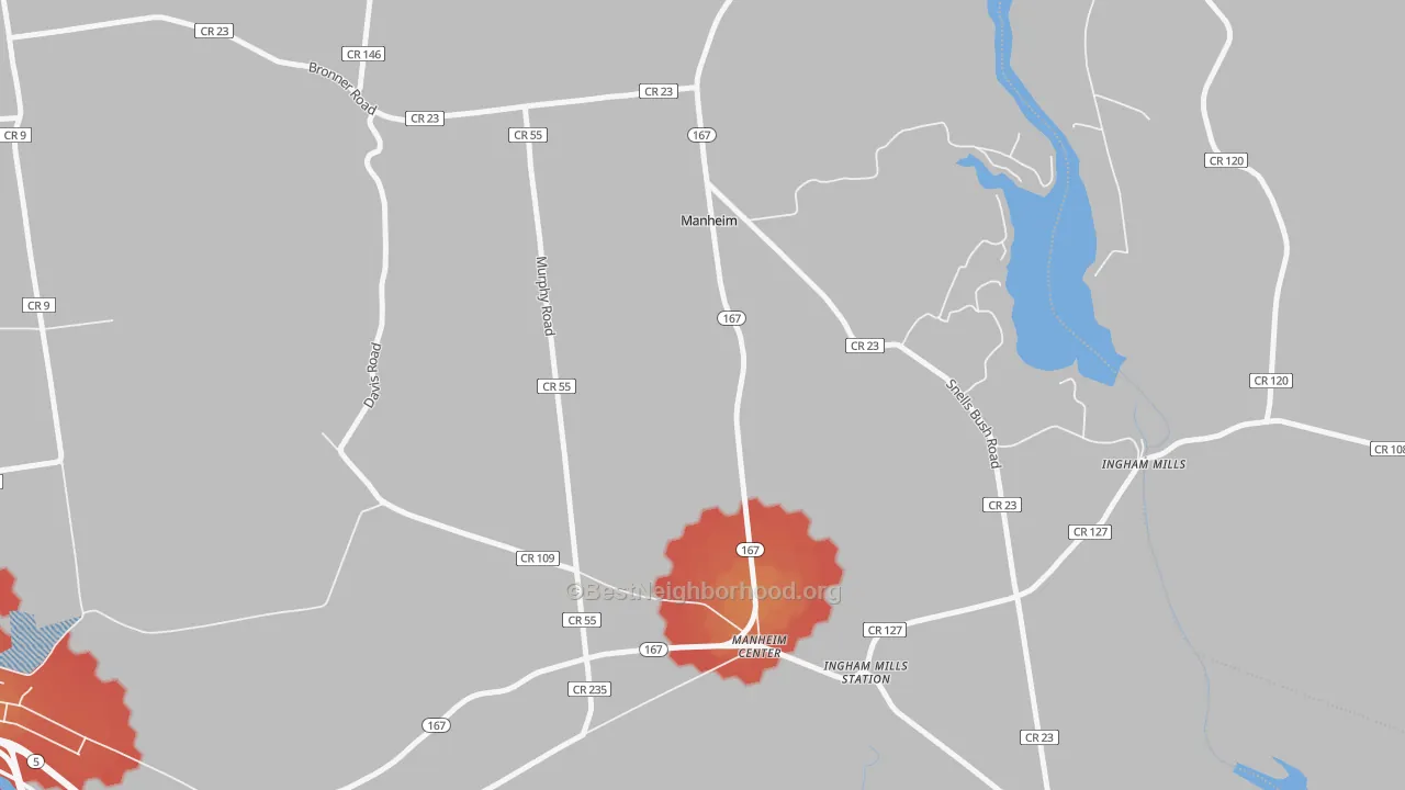 Walk Grade map of Manheim Center, NY, walkable areas in green and car-dependent areas in red
