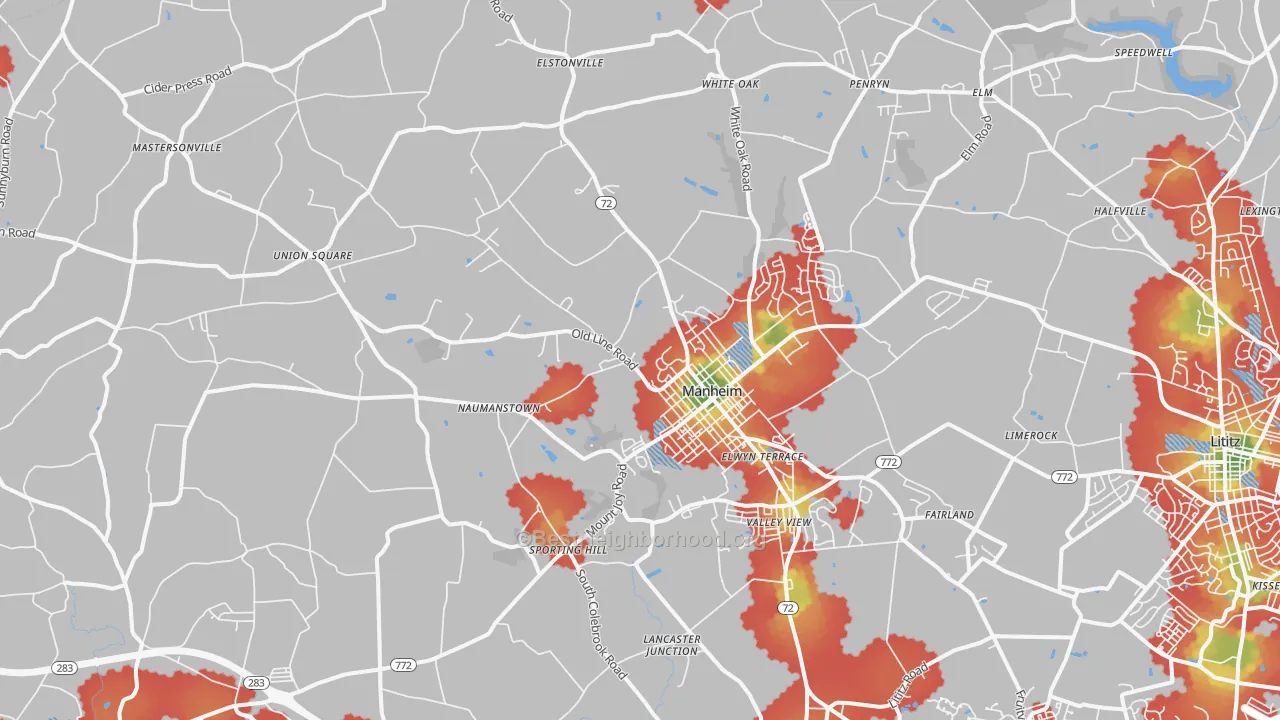 Walk Grade map of Manheim, PA, walkable areas in green and car-dependent areas in red