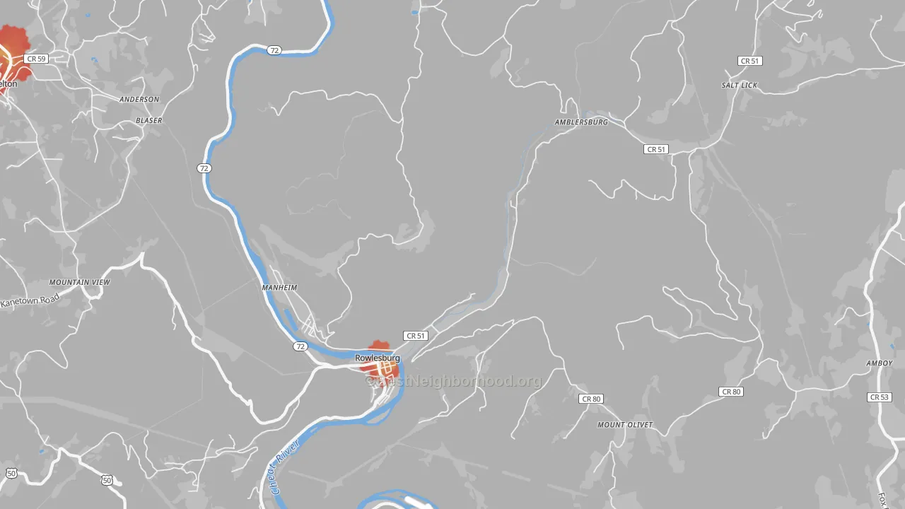 Walk Grade map of Manheim, WV, walkable areas in green and car-dependent areas in red