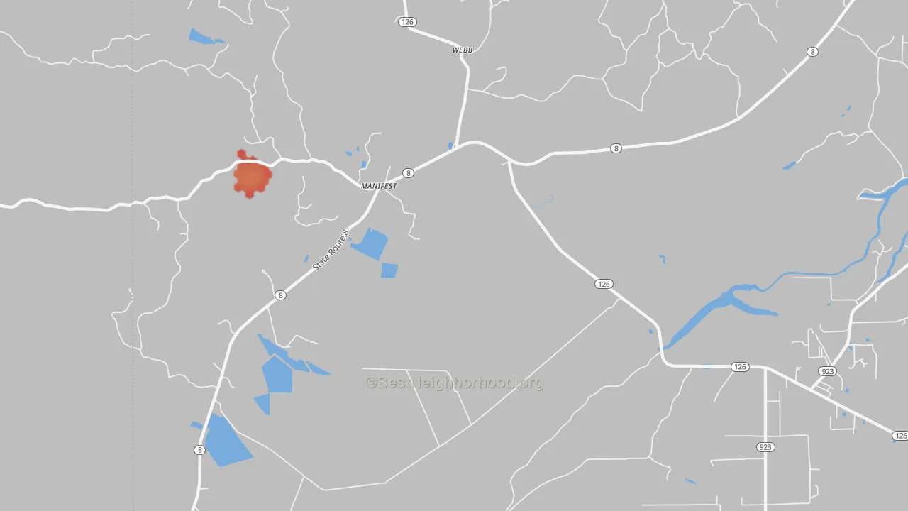 Walk Grade map of Manifest, LA, walkable areas in green and car-dependent areas in red