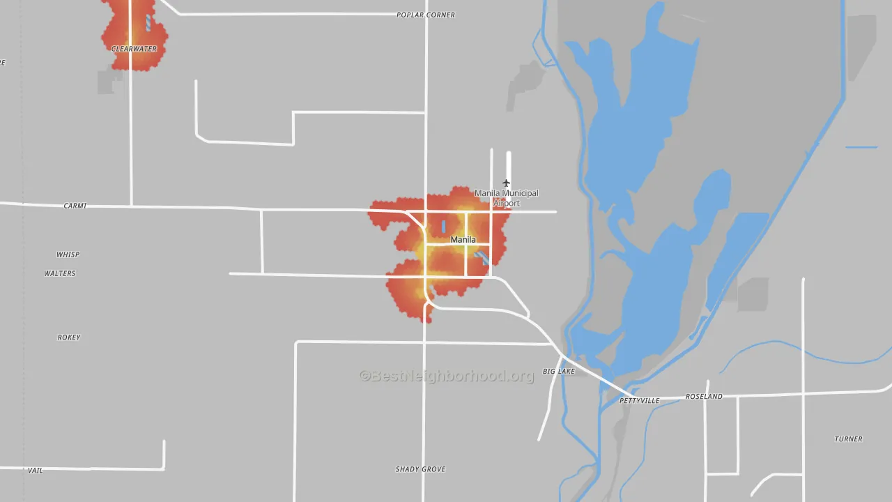 Walk Grade map of Manila, AR, walkable areas in green and car-dependent areas in red