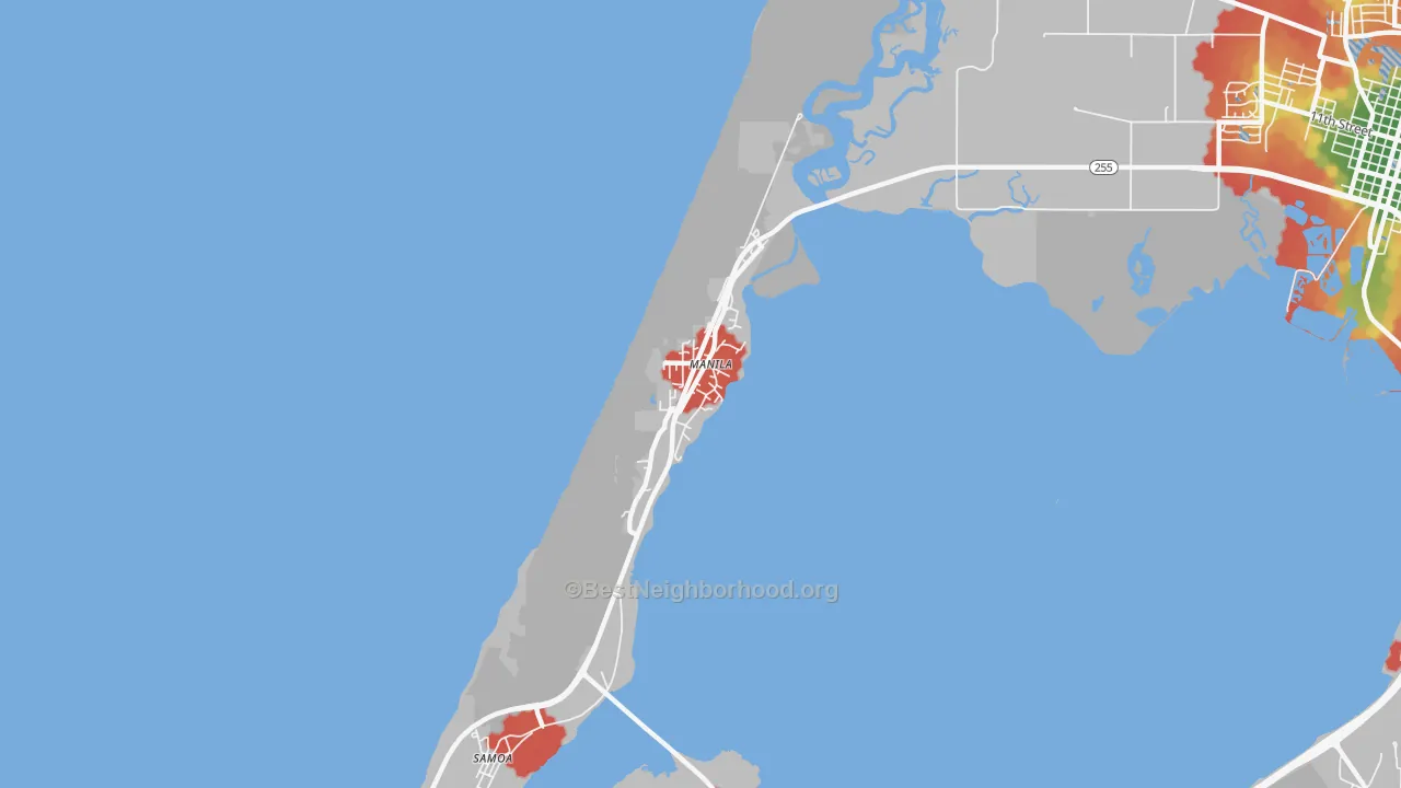 Walk Grade map of Manila, CA, walkable areas in green and car-dependent areas in red