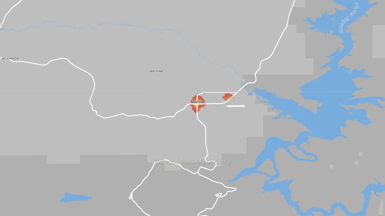 Walk Grade map of Manila, UT, walkable areas in green and car-dependent areas in red