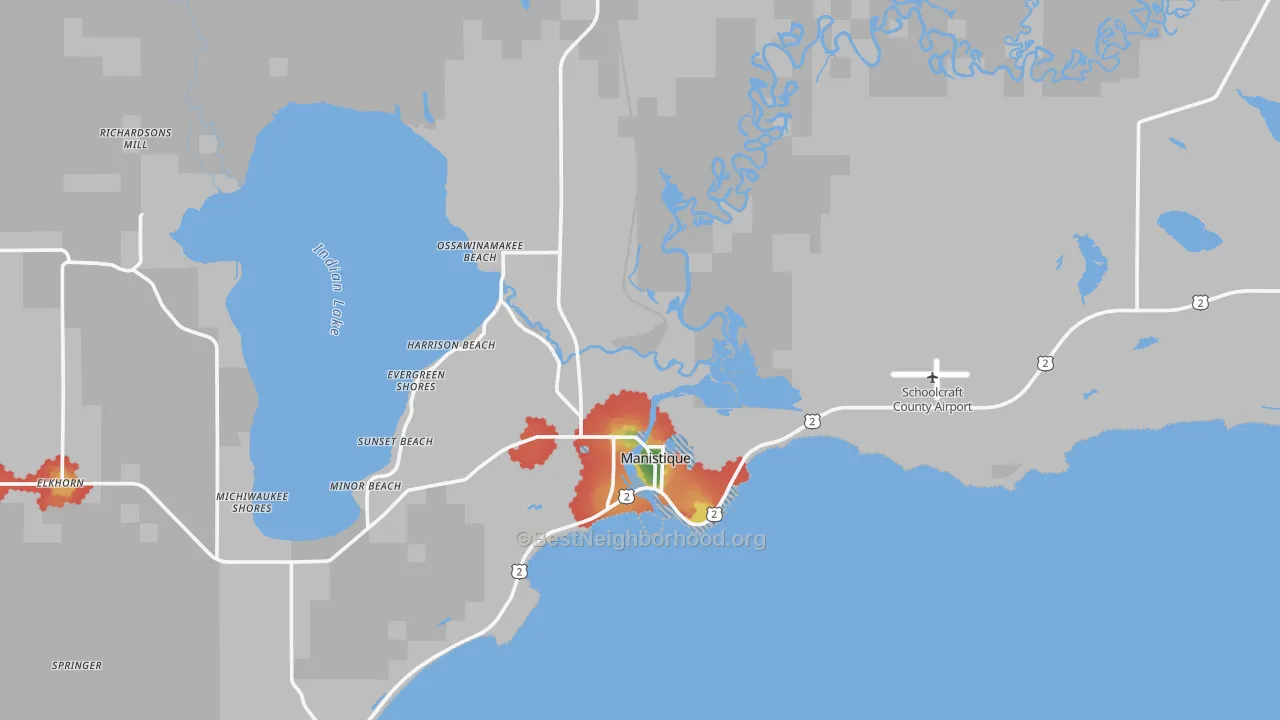 Walk Grade map of Manistique, MI, walkable areas in green and car-dependent areas in red