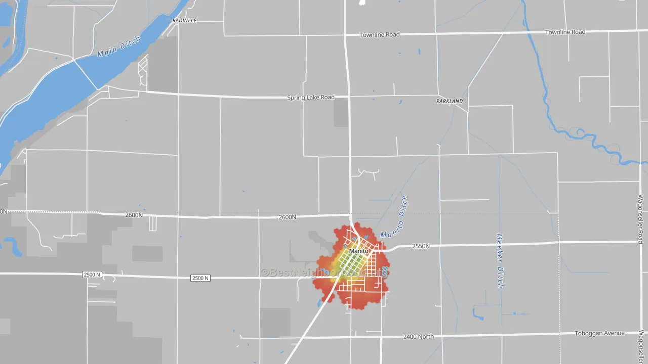 Walk Grade map of Manito, IL, walkable areas in green and car-dependent areas in red