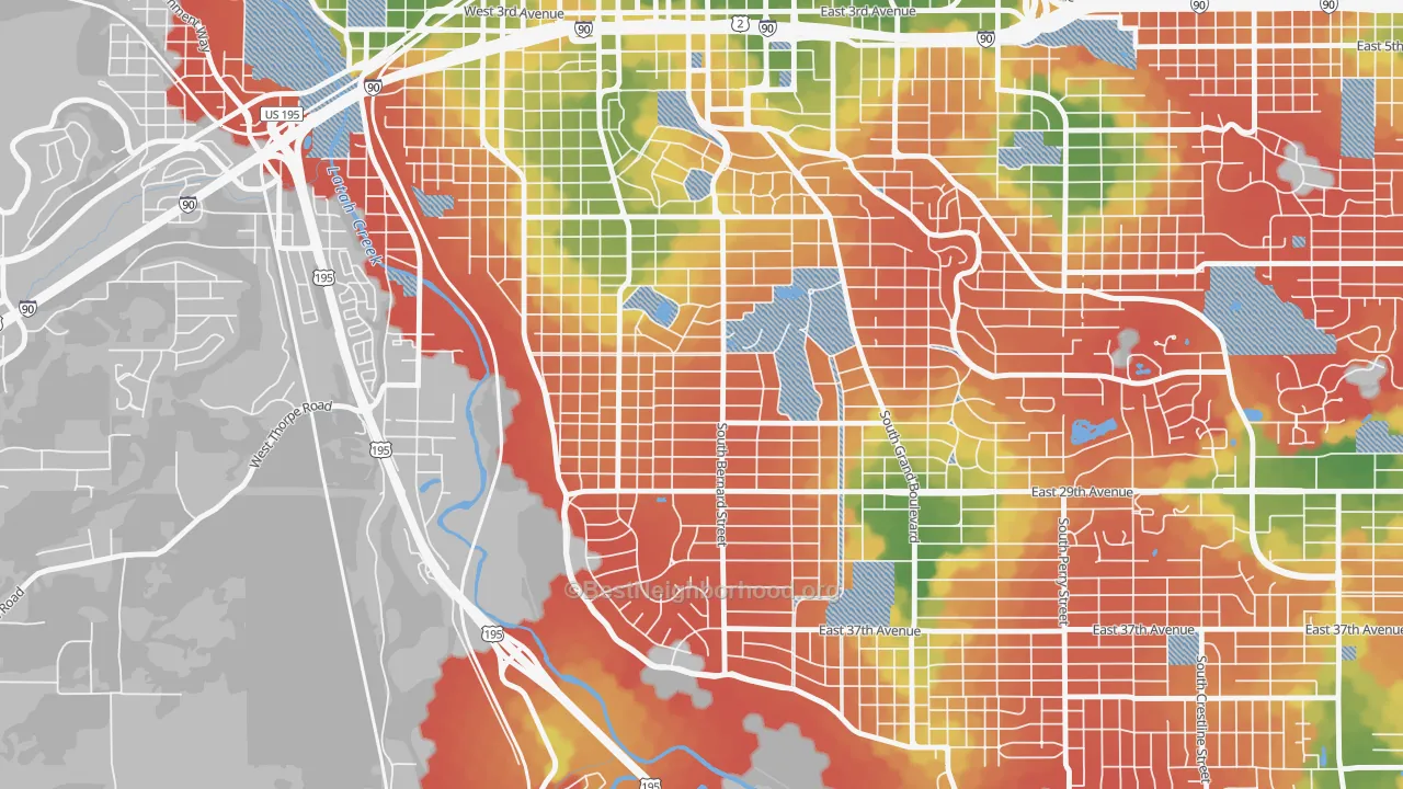 Walk Grade map of Manitocannon Hill, Spokane, WA, walkable areas in green and car-dependent areas in red