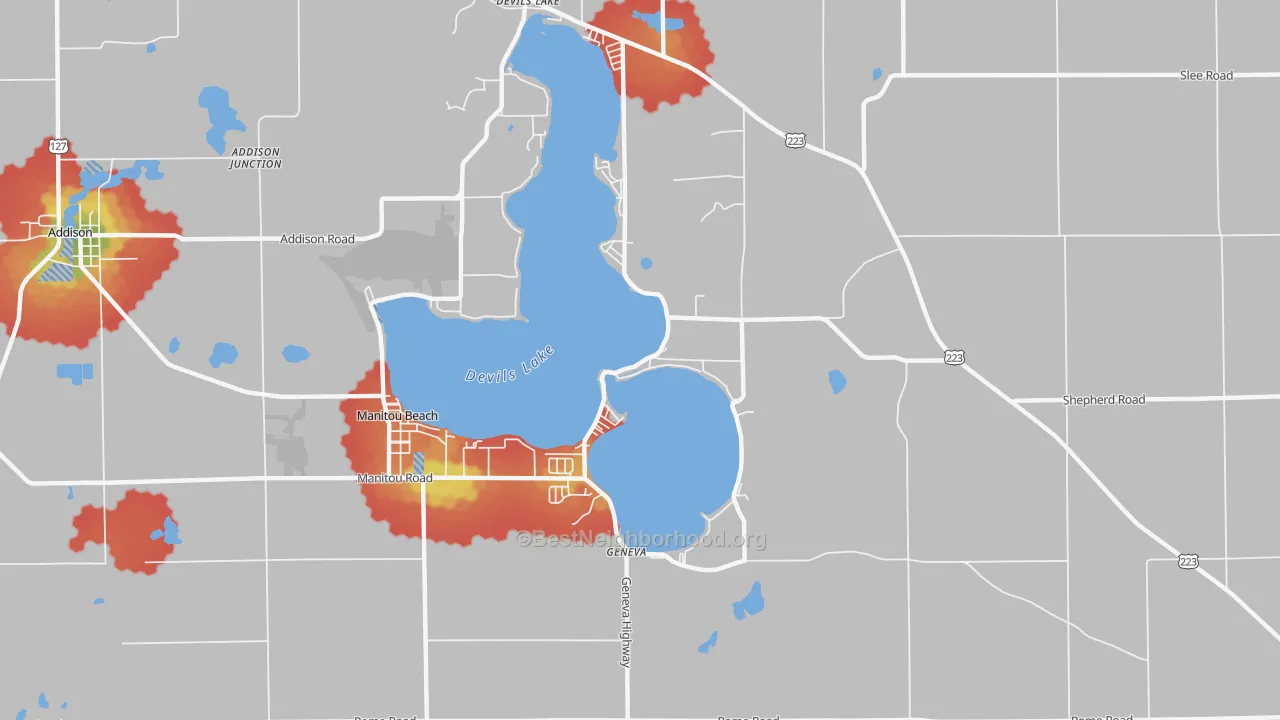 Walk Grade map of Manitou Beach, MI, walkable areas in green and car-dependent areas in red