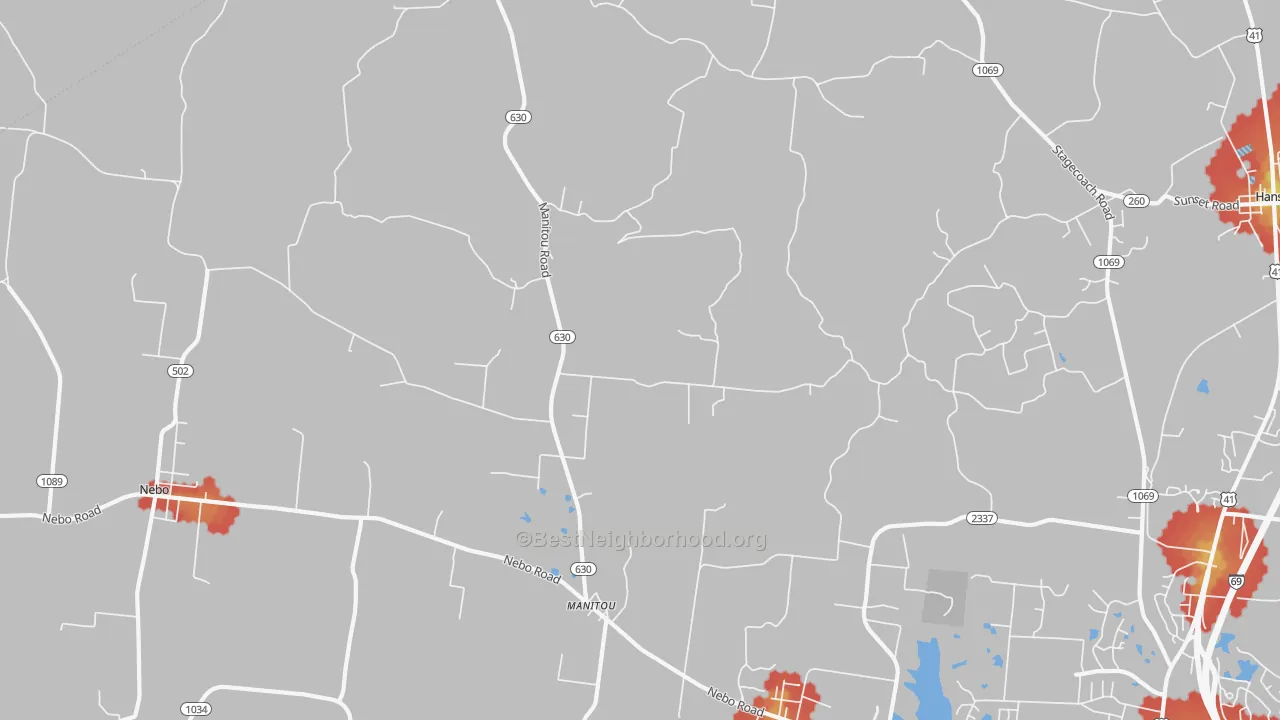 Walk Grade map of Manitou, KY, walkable areas in green and car-dependent areas in red