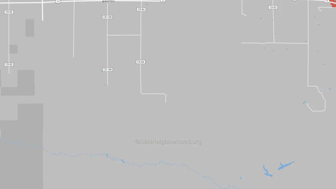 Walk Grade map of Manitou, MN, walkable areas in green and car-dependent areas in red