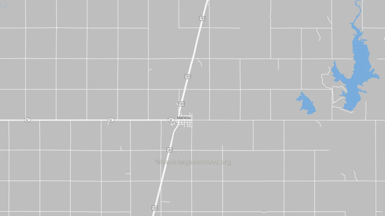 Walk Grade map of Manitou, OK, walkable areas in green and car-dependent areas in red