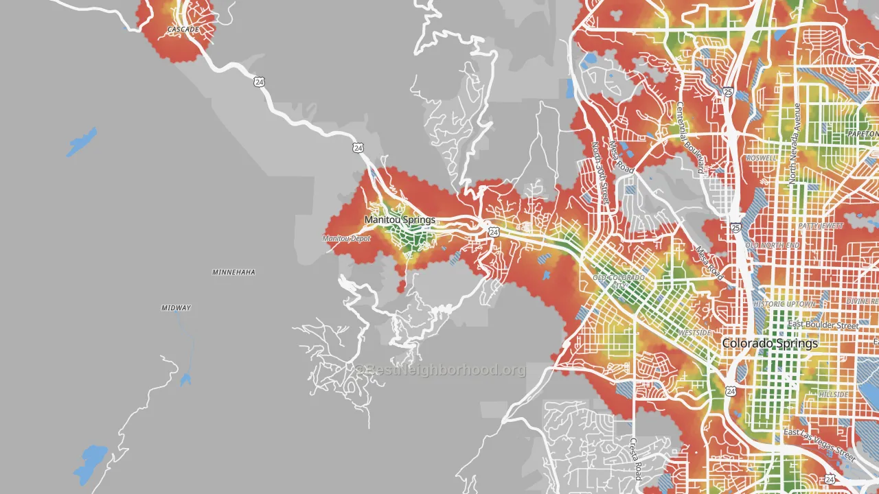 Walk Grade map of Manitou Springs, CO, walkable areas in green and car-dependent areas in red