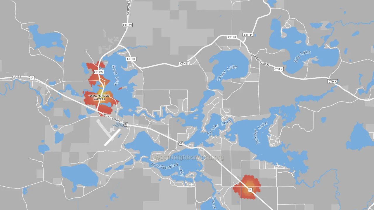 Walk Grade map of Manitowish Waters, WI, walkable areas in green and car-dependent areas in red
