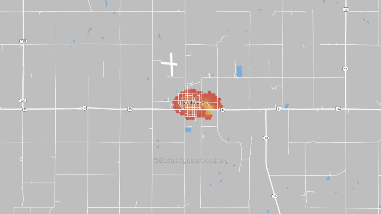 Walk Grade map of Mankato, KS, walkable areas in green and car-dependent areas in red