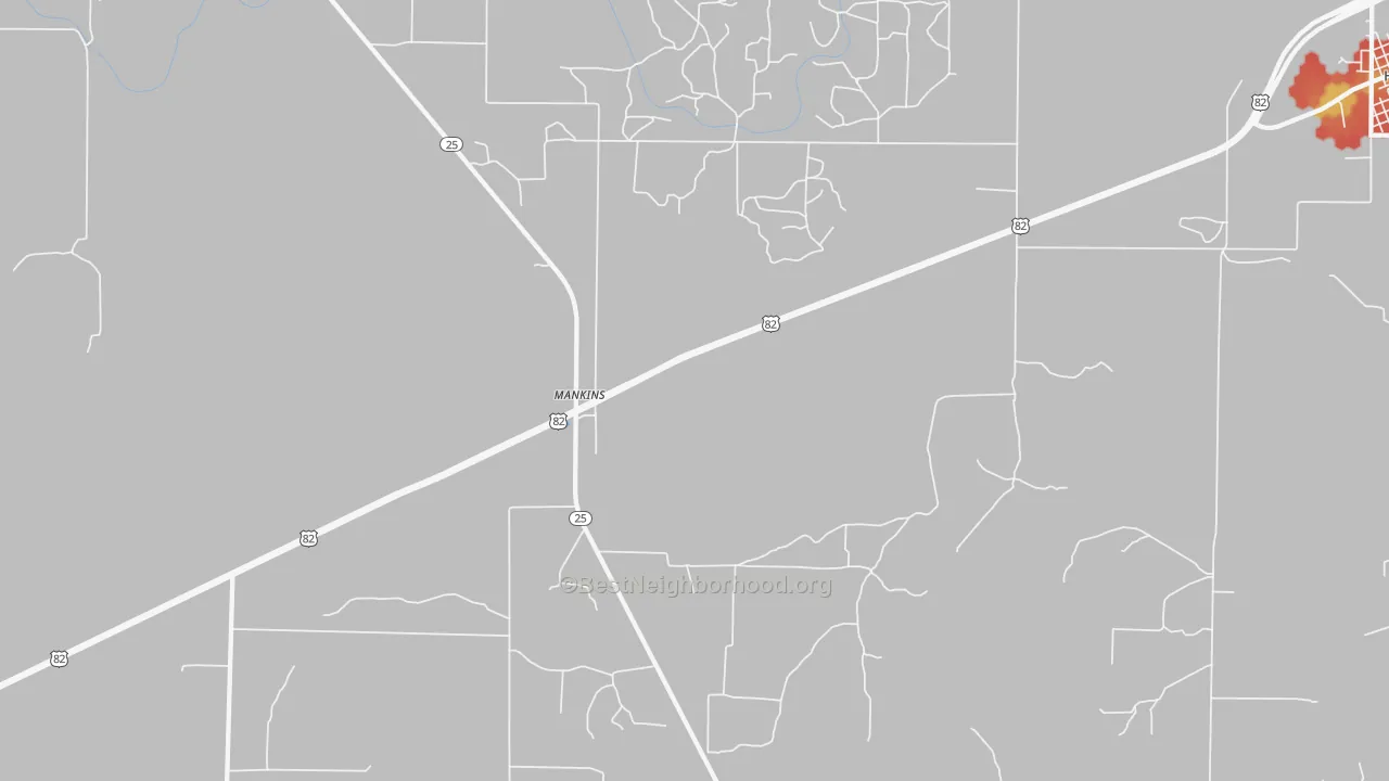 Walk Grade map of Mankins, TX, walkable areas in green and car-dependent areas in red