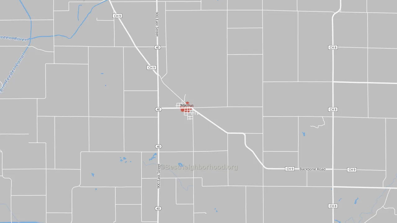 Walk Grade map of Manlius, IL, walkable areas in green and car-dependent areas in red