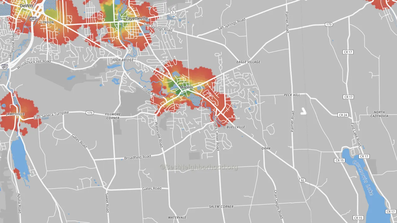 Walk Grade map of Manlius, NY, walkable areas in green and car-dependent areas in red