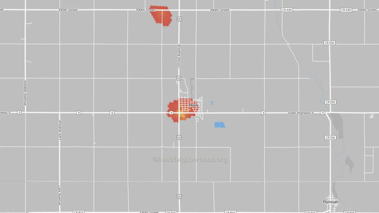 Walk Grade map of Manly, IA, walkable areas in green and car-dependent areas in red