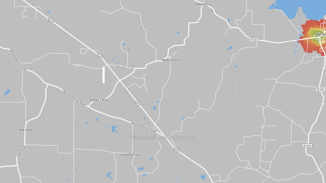 Walk Grade map of Manlyville, TN, walkable areas in green and car-dependent areas in red