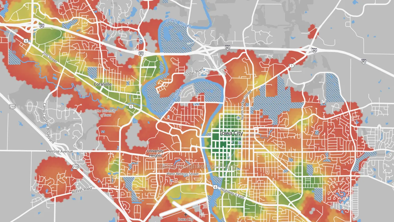 Walk Grade map of Mann, Iowa City, IA, walkable areas in green and car-dependent areas in red
