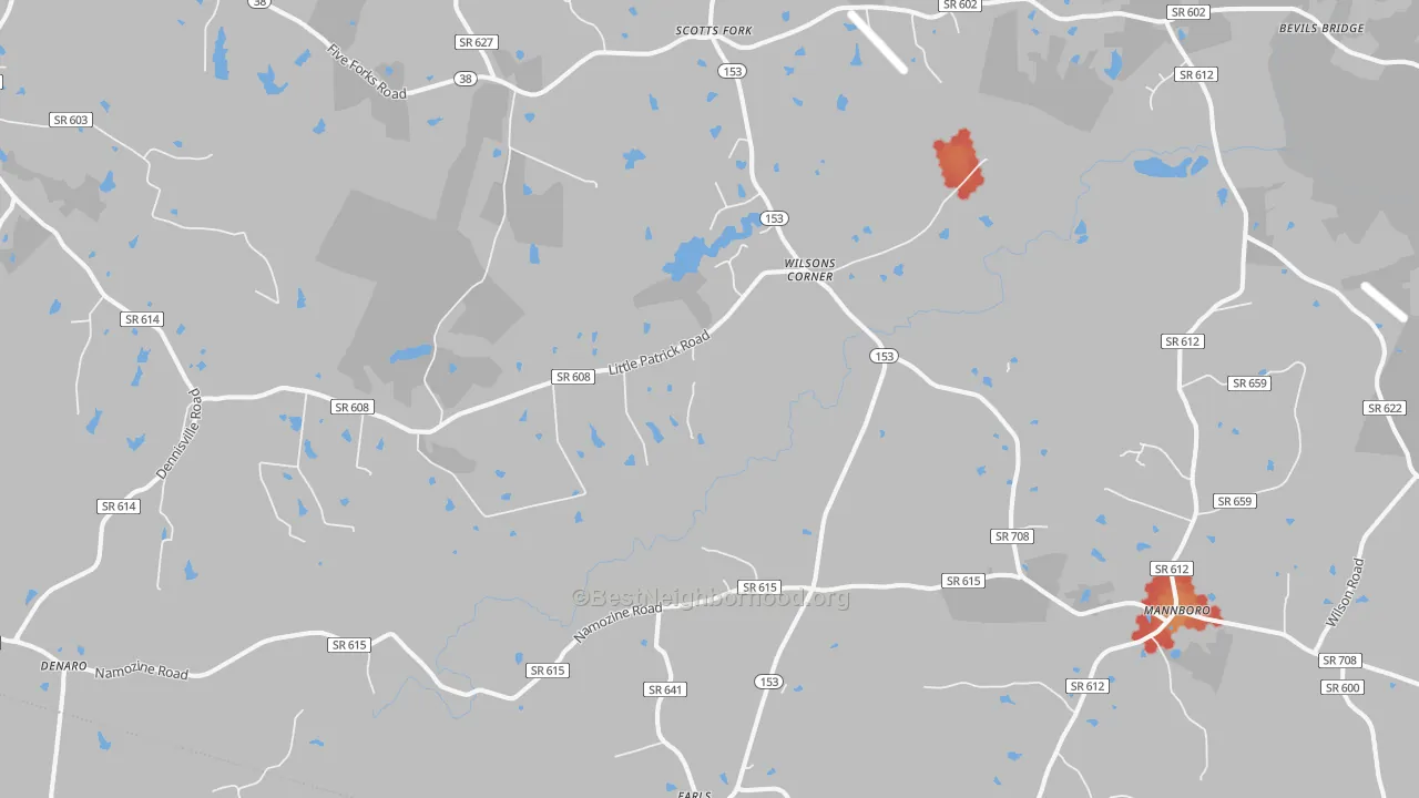 Walk Grade map of Mannboro, VA, walkable areas in green and car-dependent areas in red