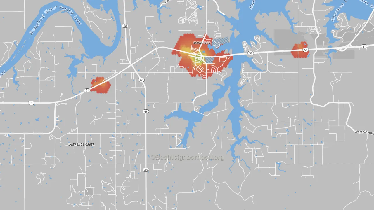 Walk Grade map of Mannford, OK, walkable areas in green and car-dependent areas in red