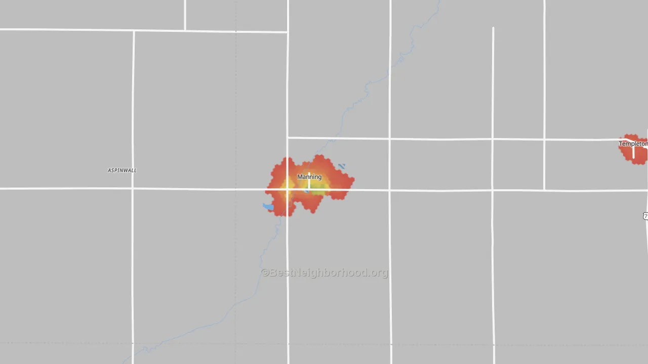 Walk Grade map of Manning, IA, walkable areas in green and car-dependent areas in red