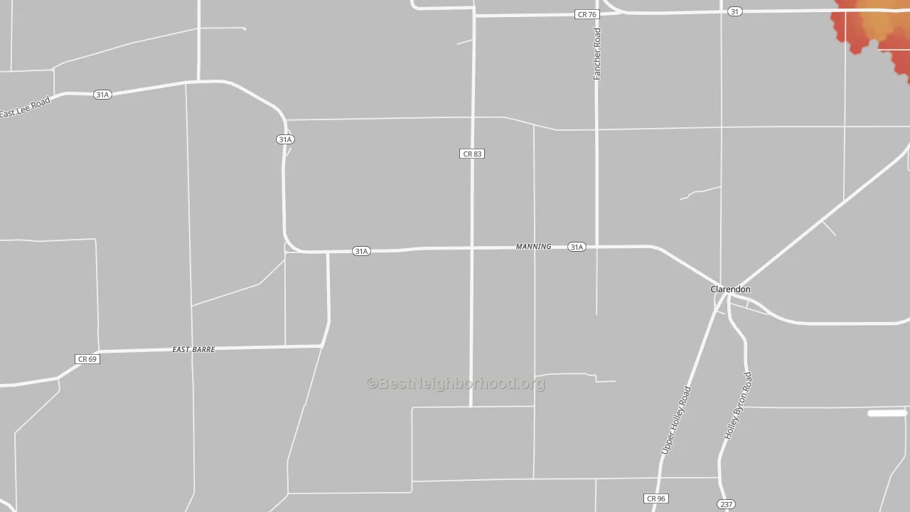 Walk Grade map of Manning, NY, walkable areas in green and car-dependent areas in red