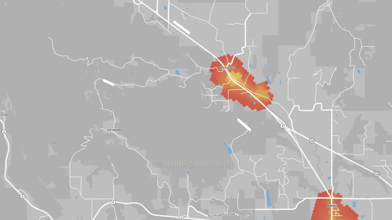 Walk Grade map of Manning, OR, walkable areas in green and car-dependent areas in red