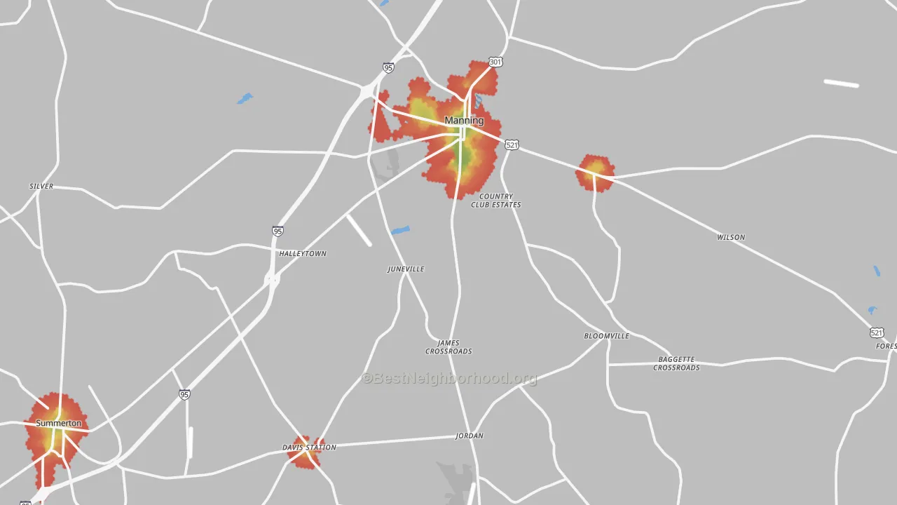 Walk Grade map of Manning, SC, walkable areas in green and car-dependent areas in red
