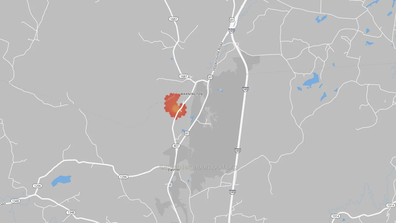 Walk Grade map of Mannington, KY, walkable areas in green and car-dependent areas in red