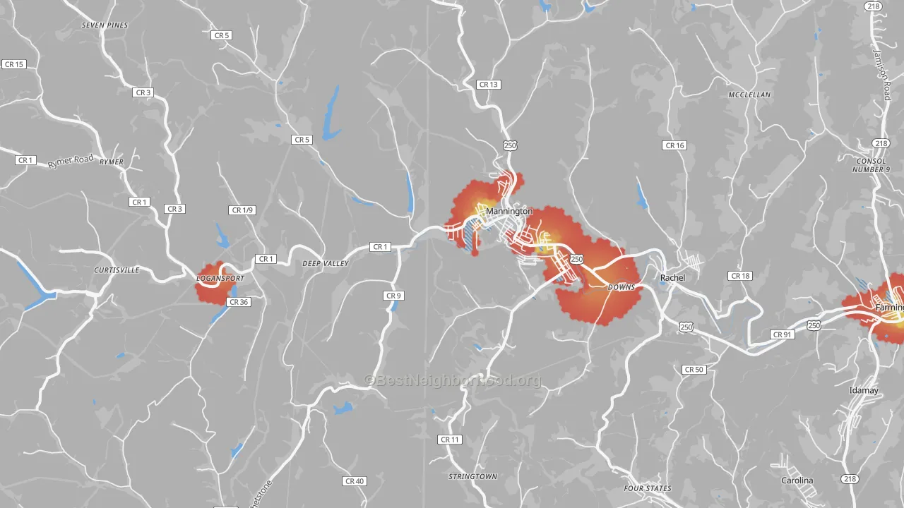 Walk Grade map of Mannington, WV, walkable areas in green and car-dependent areas in red
