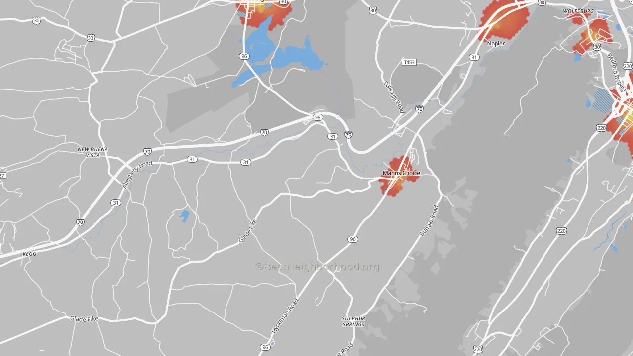 Walk Grade map of Manns Choice, PA, walkable areas in green and car-dependent areas in red