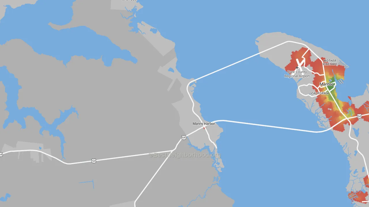 Walk Grade map of Manns Harbor, NC, walkable areas in green and car-dependent areas in red