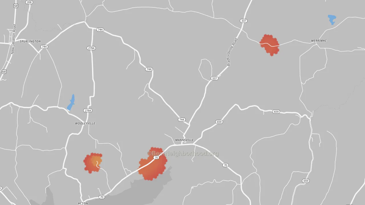 Walk Grade map of Mannsville, KY, walkable areas in green and car-dependent areas in red