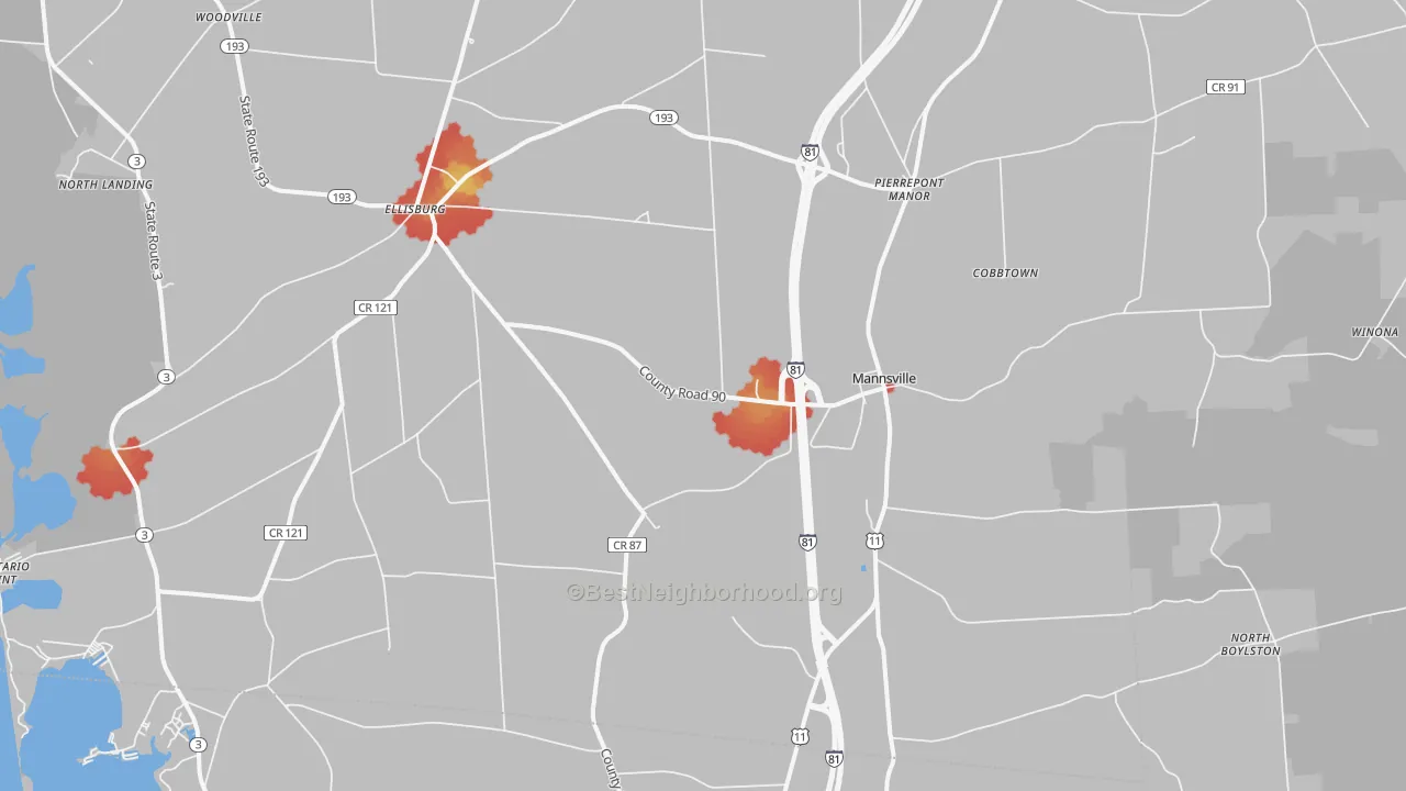 Walk Grade map of Mannsville, NY, walkable areas in green and car-dependent areas in red