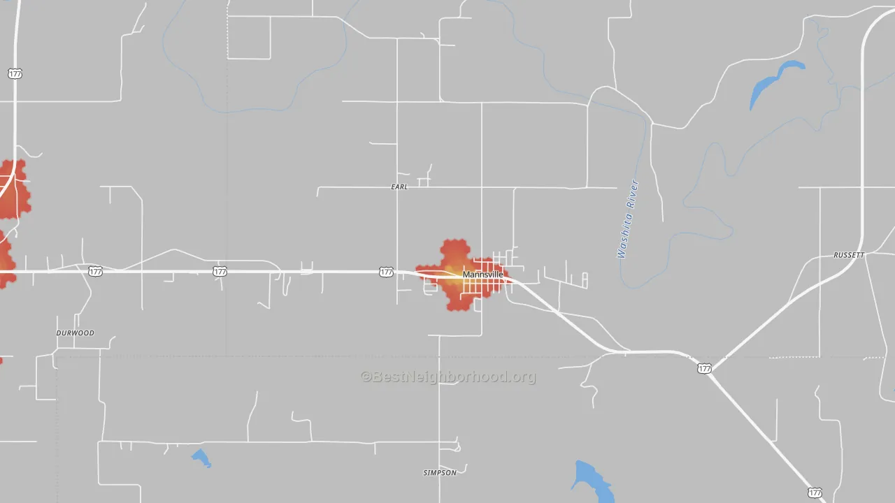 Walk Grade map of Mannsville, OK, walkable areas in green and car-dependent areas in red