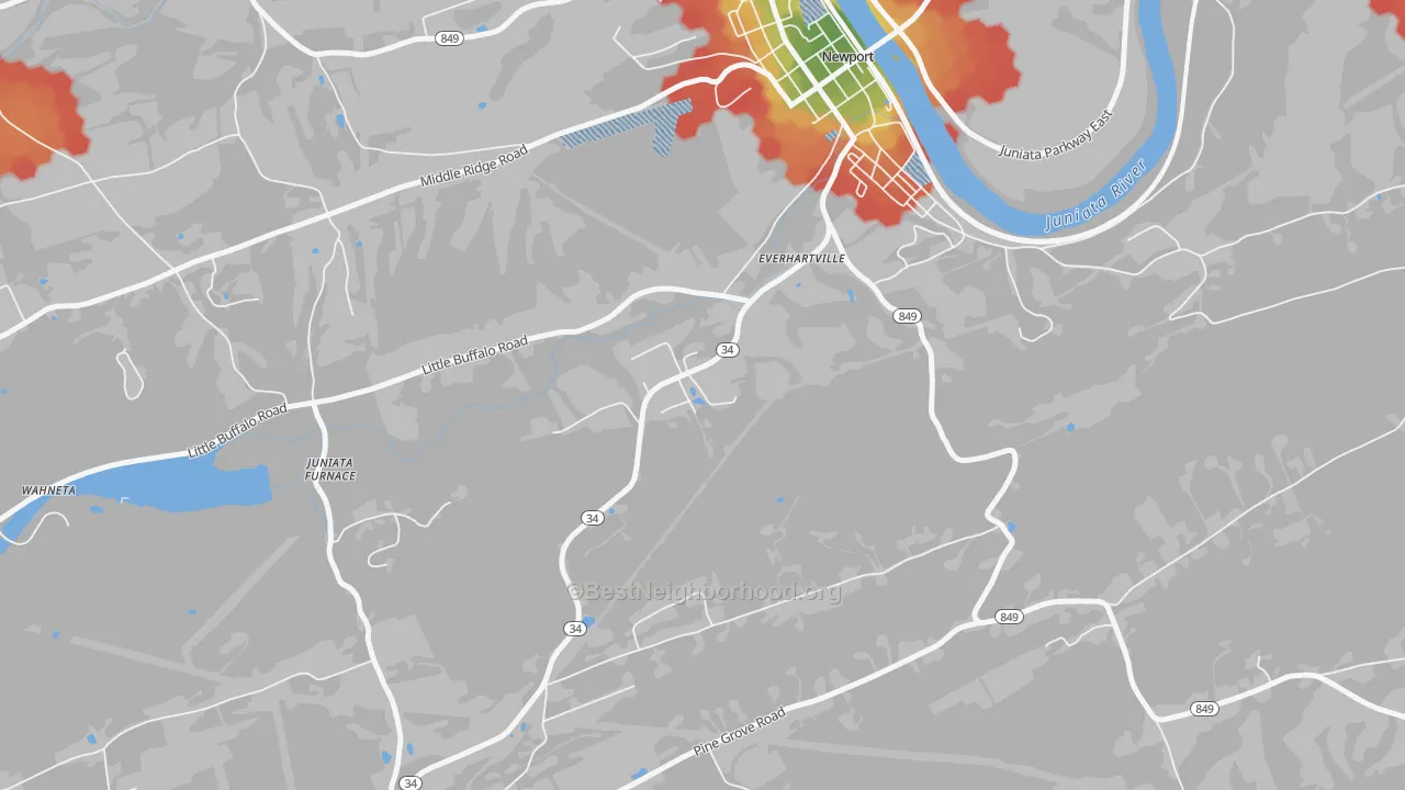 Walk Grade map of Mannsville, PA, walkable areas in green and car-dependent areas in red