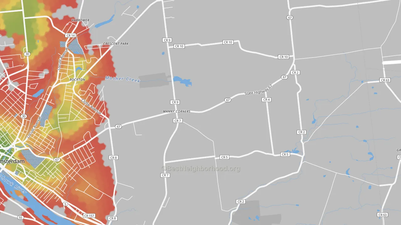 Walk Grade map of Manny Corners, NY, walkable areas in green and car-dependent areas in red